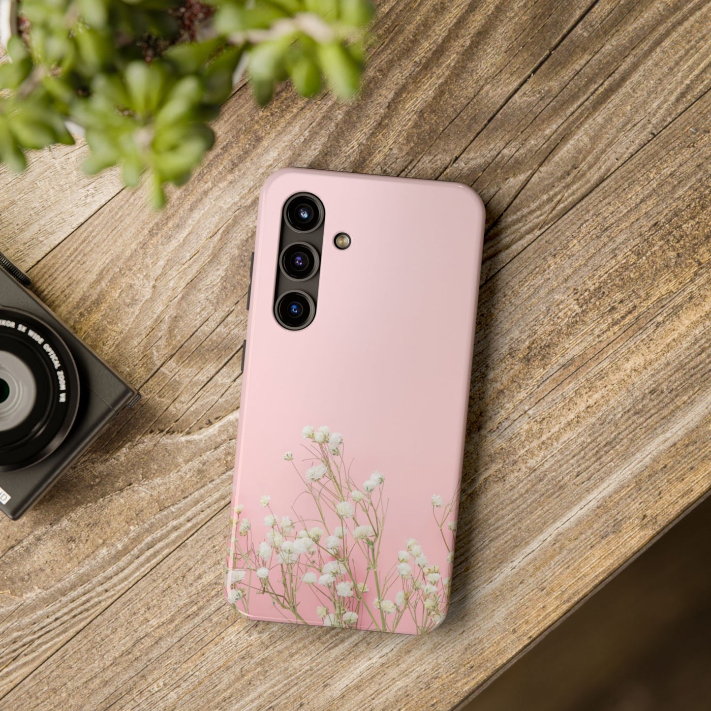 Tough Lightweight Phone Case |  Pink  |  White Flowers |  Compatible With Samsung and iPhone Smartphones