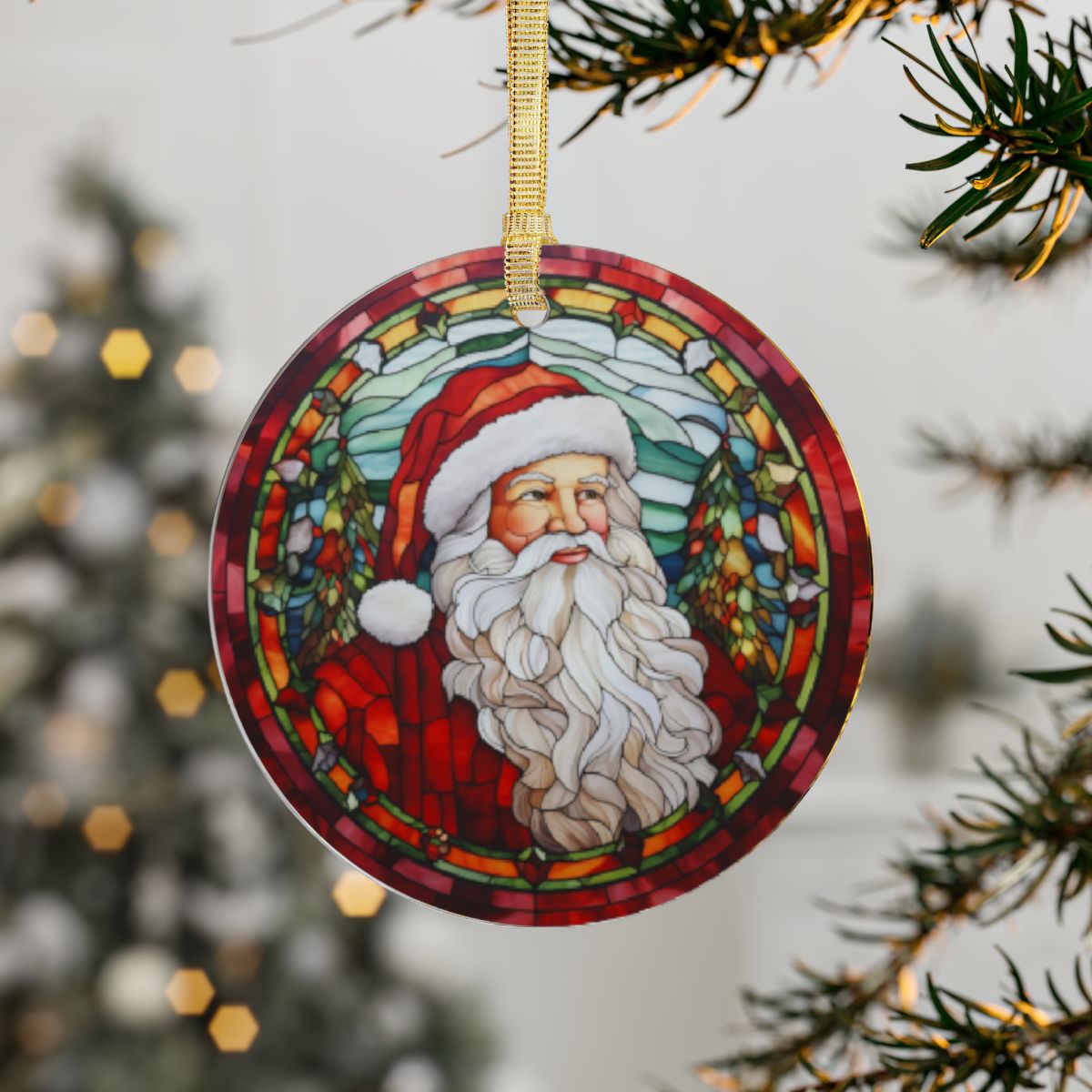 Santa Claus Acrylic Ornaments with Gold Ribbon | Glossy Finish | 3.5 inches